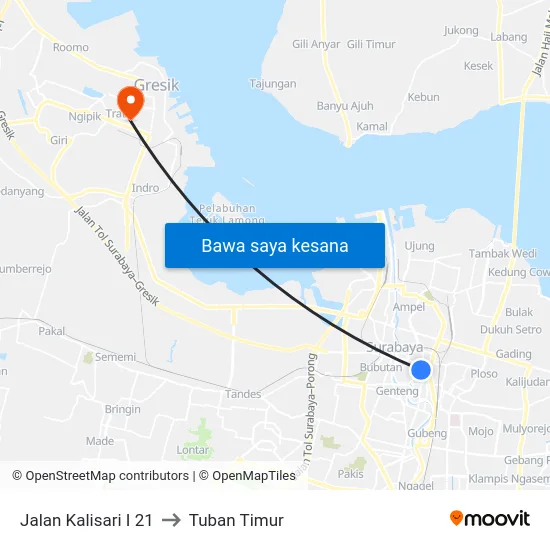 Jalan Kalisari I 21 to Tuban Timur map