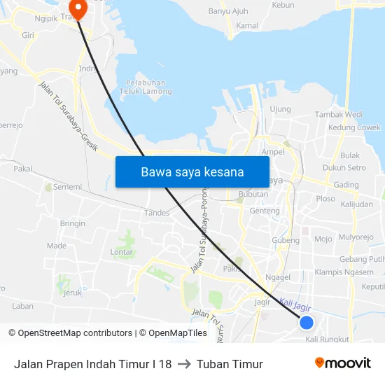 Jalan Prapen Indah Timur I 18 to Tuban Timur map