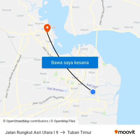 Jalan Rungkut Asri Utara I 9 to Tuban Timur map