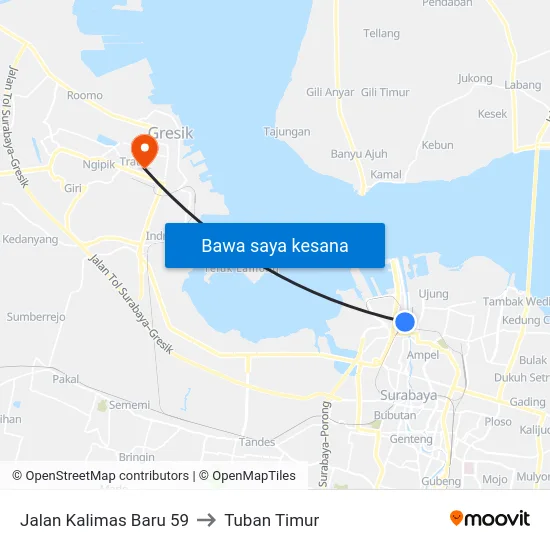 Jalan Kalimas Baru 59 to Tuban Timur map