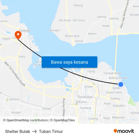 Shelter Bulak to Tuban Timur map