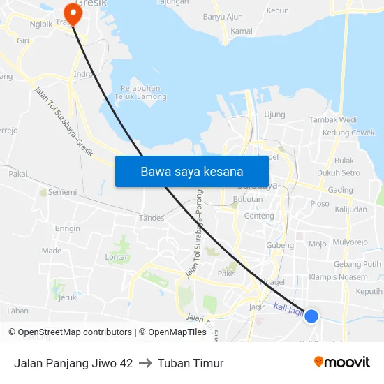 Jalan Panjang Jiwo 42 to Tuban Timur map