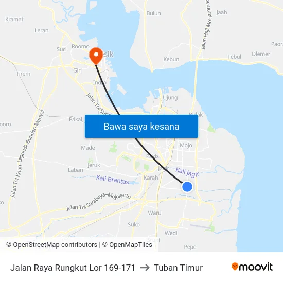 Jalan Raya Rungkut Lor 169-171 to Tuban Timur map