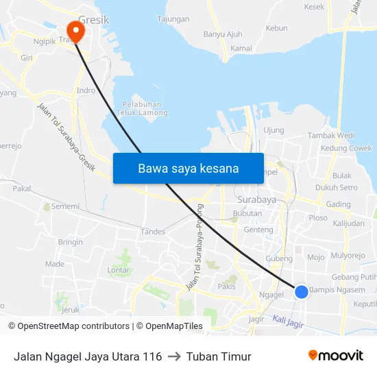 Jalan Ngagel Jaya Utara 116 to Tuban Timur map