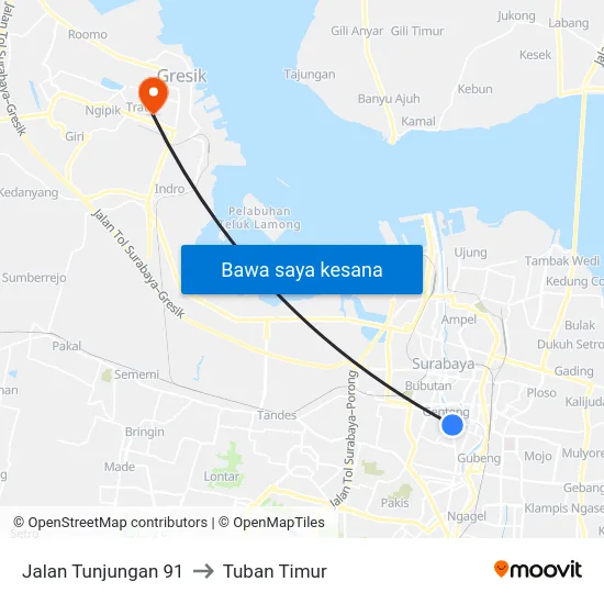 Jalan Tunjungan 91 to Tuban Timur map