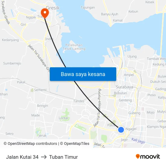 Jalan Kutai 34 to Tuban Timur map