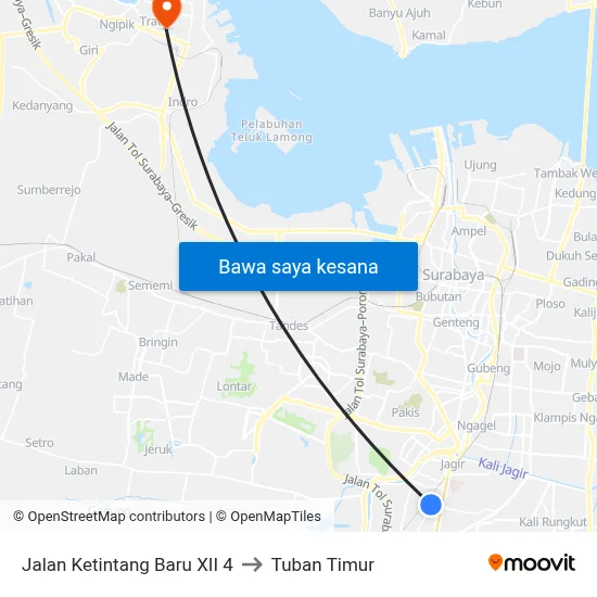 Jalan Ketintang Baru XII 4 to Tuban Timur map