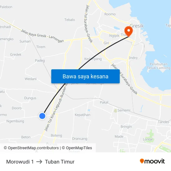 Morowudi 1 to Tuban Timur map