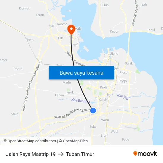 Jalan Raya Mastrip 19 to Tuban Timur map
