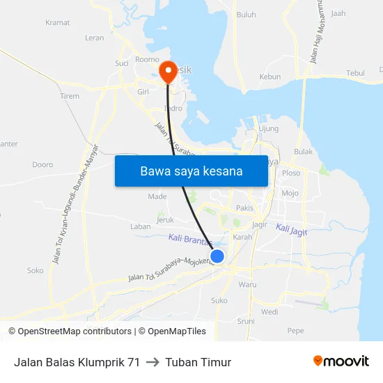 Jalan Balas Klumprik 71 to Tuban Timur map