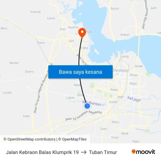 Jalan Kebraon Balas Klumprik 19 to Tuban Timur map