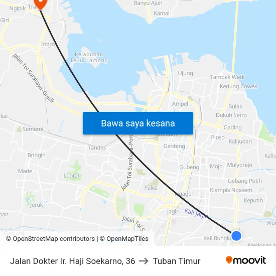 Jalan Dokter Ir. Haji Soekarno, 36 to Tuban Timur map