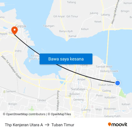 Thp Kenjeran Utara A to Tuban Timur map