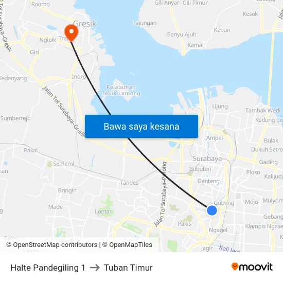 Halte Pandegiling 1 to Tuban Timur map