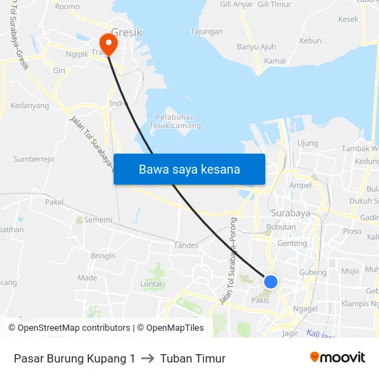Pasar Burung Kupang 1 to Tuban Timur map