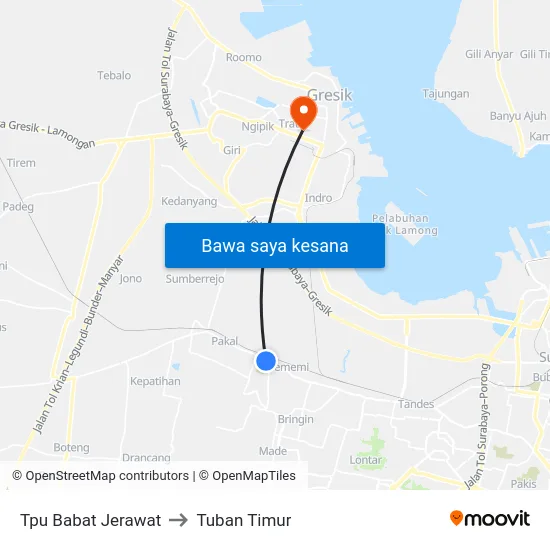 Tpu Babat Jerawat to Tuban Timur map