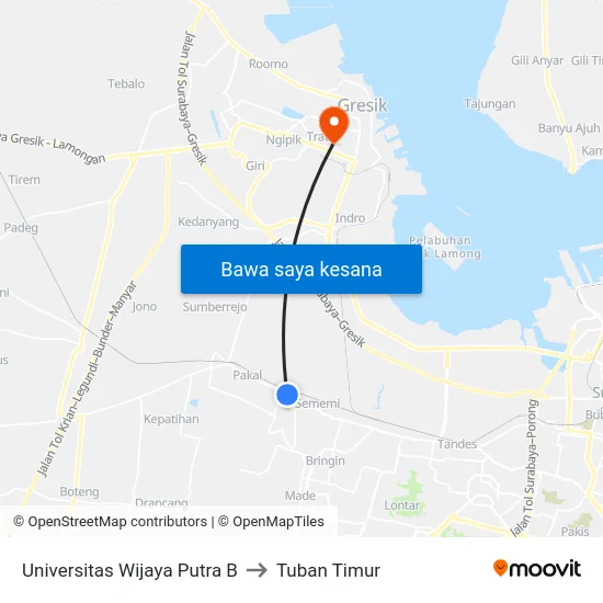 Universitas Wijaya Putra B to Tuban Timur map