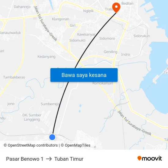 Pasar Benowo 1 to Tuban Timur map
