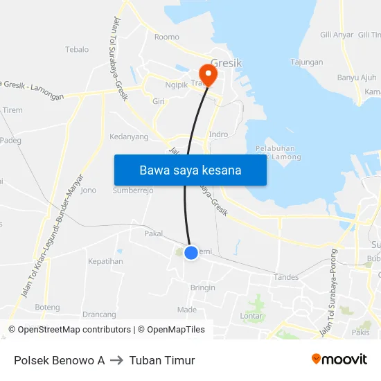 Polsek Benowo A to Tuban Timur map