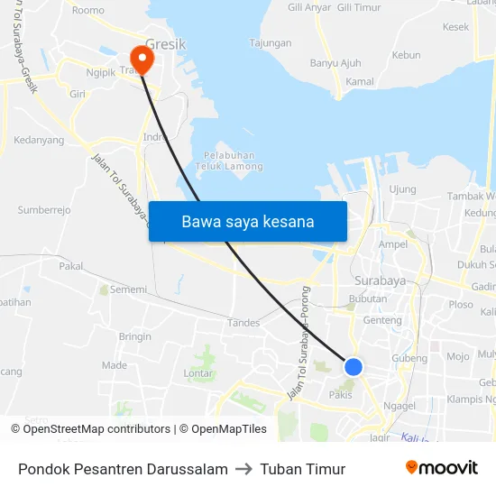 Pondok Pesantren Darussalam to Tuban Timur map