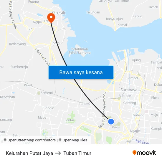 Kelurahan Putat Jaya to Tuban Timur map