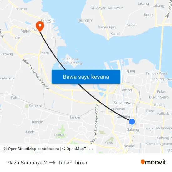 Plaza Surabaya 2 to Tuban Timur map