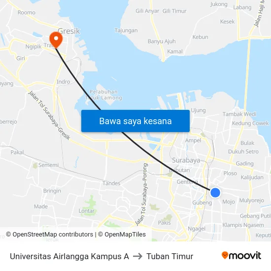Universitas Airlangga Kampus A to Tuban Timur map