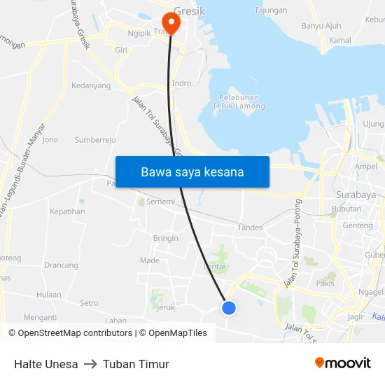 Halte Unesa to Tuban Timur map