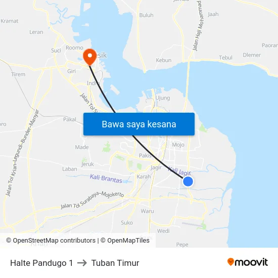 Halte Pandugo 1 to Tuban Timur map