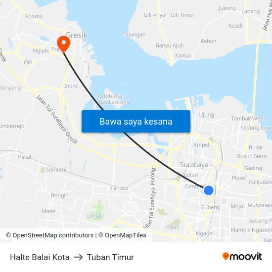 Halte Balai Kota to Tuban Timur map