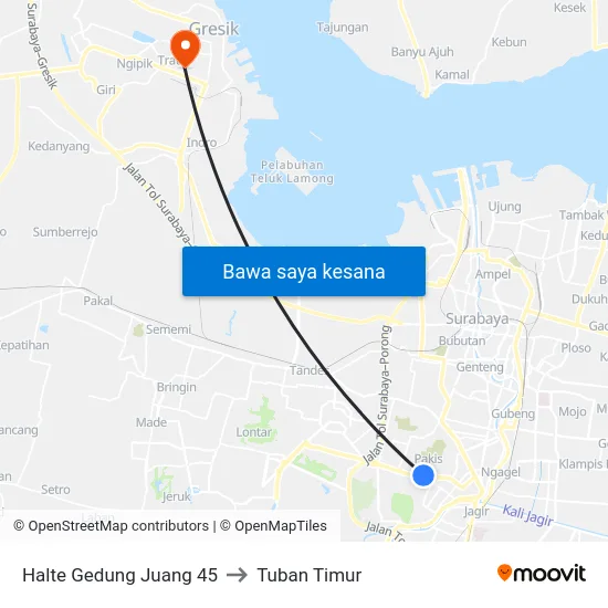 Halte Gedung Juang 45 to Tuban Timur map