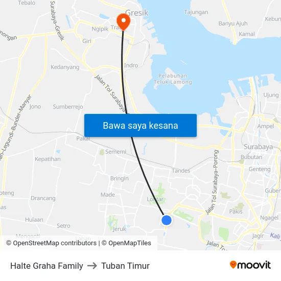 Halte Graha Family to Tuban Timur map