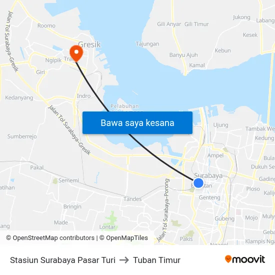Stasiun Surabaya Pasar Turi to Tuban Timur map
