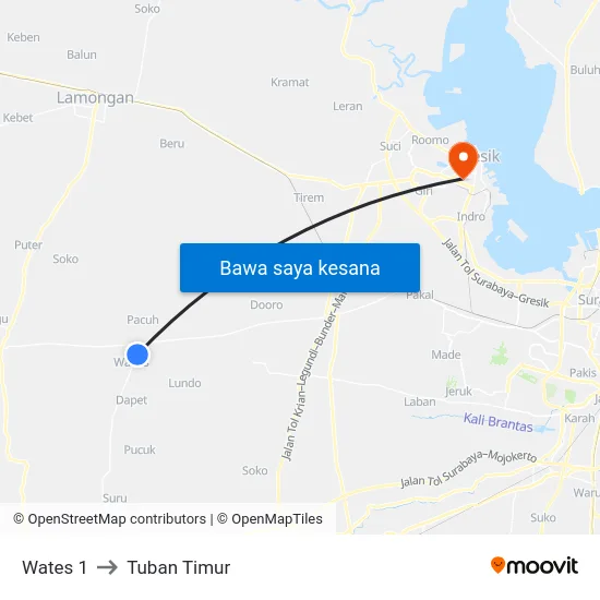 Wates 1 to Tuban Timur map