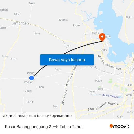 Pasar Balongpanggang 2 to Tuban Timur map
