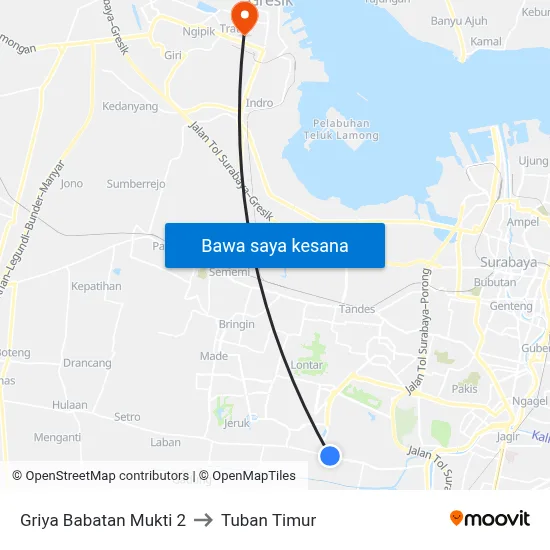 Griya Babatan Mukti 2 to Tuban Timur map