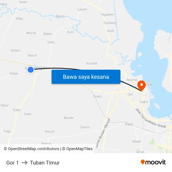Gor 1 to Tuban Timur map