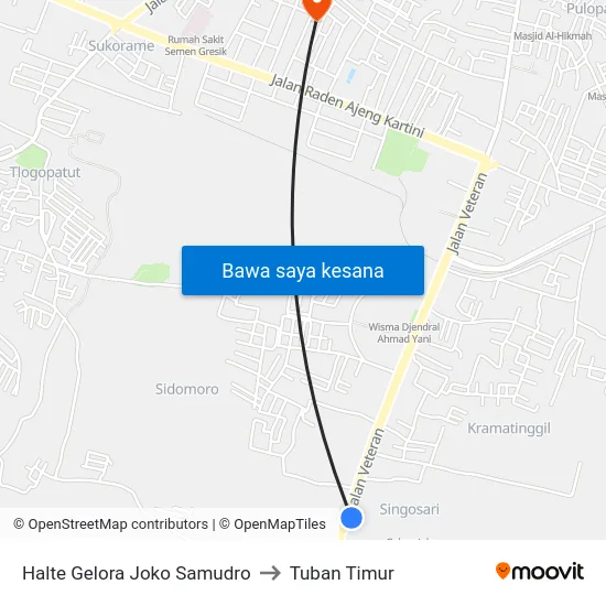 Halte Gelora Joko Samudro to Tuban Timur map