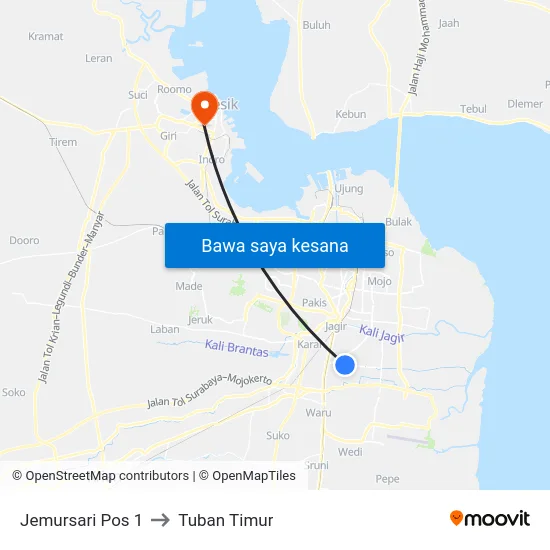 Jemursari Pos 1 to Tuban Timur map
