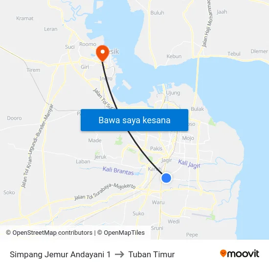 Simpang Jemur Andayani 1 to Tuban Timur map