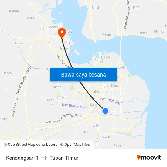 Kendangsari 1 to Tuban Timur map