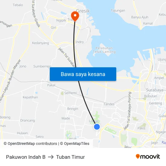 Pakuwon Indah B to Tuban Timur map
