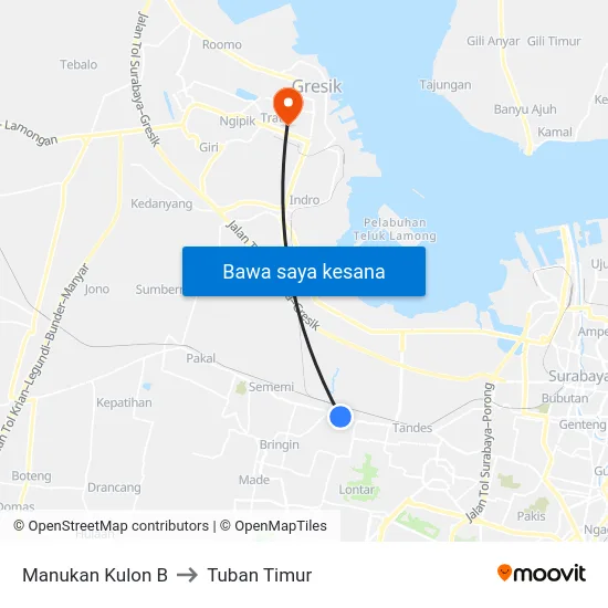 Manukan Kulon B to Tuban Timur map