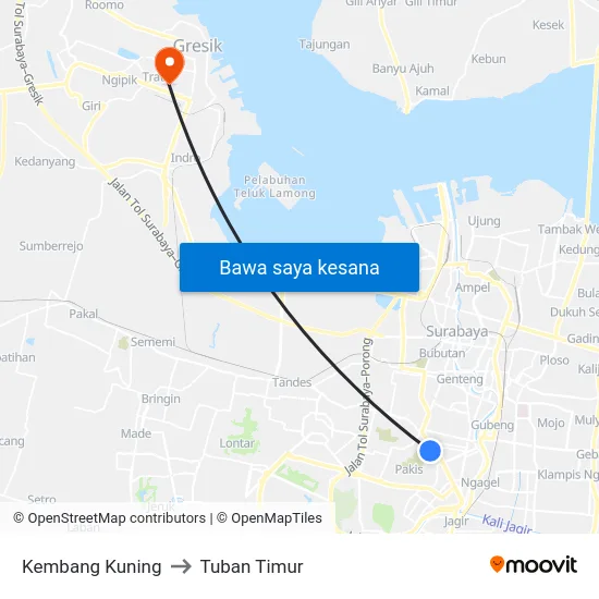 Kembang Kuning to Tuban Timur map
