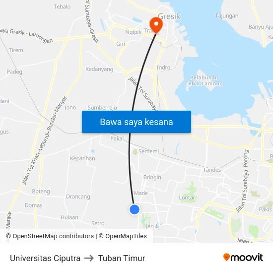 Universitas Ciputra to Tuban Timur map