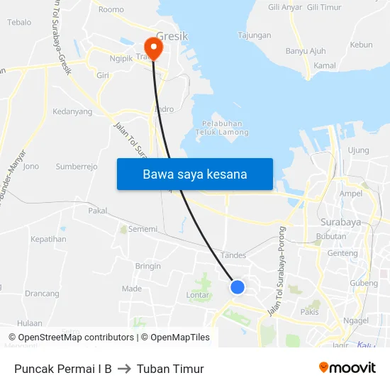 Puncak Permai I B to Tuban Timur map