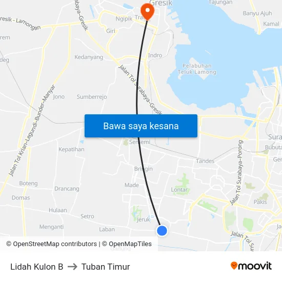Lidah Kulon B to Tuban Timur map