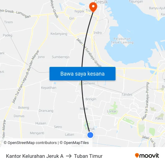 Kantor Kelurahan Jeruk A to Tuban Timur map