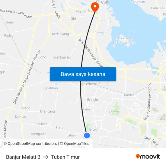 Banjar Melati B to Tuban Timur map