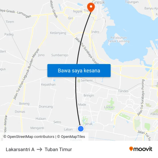 Lakarsantri A to Tuban Timur map